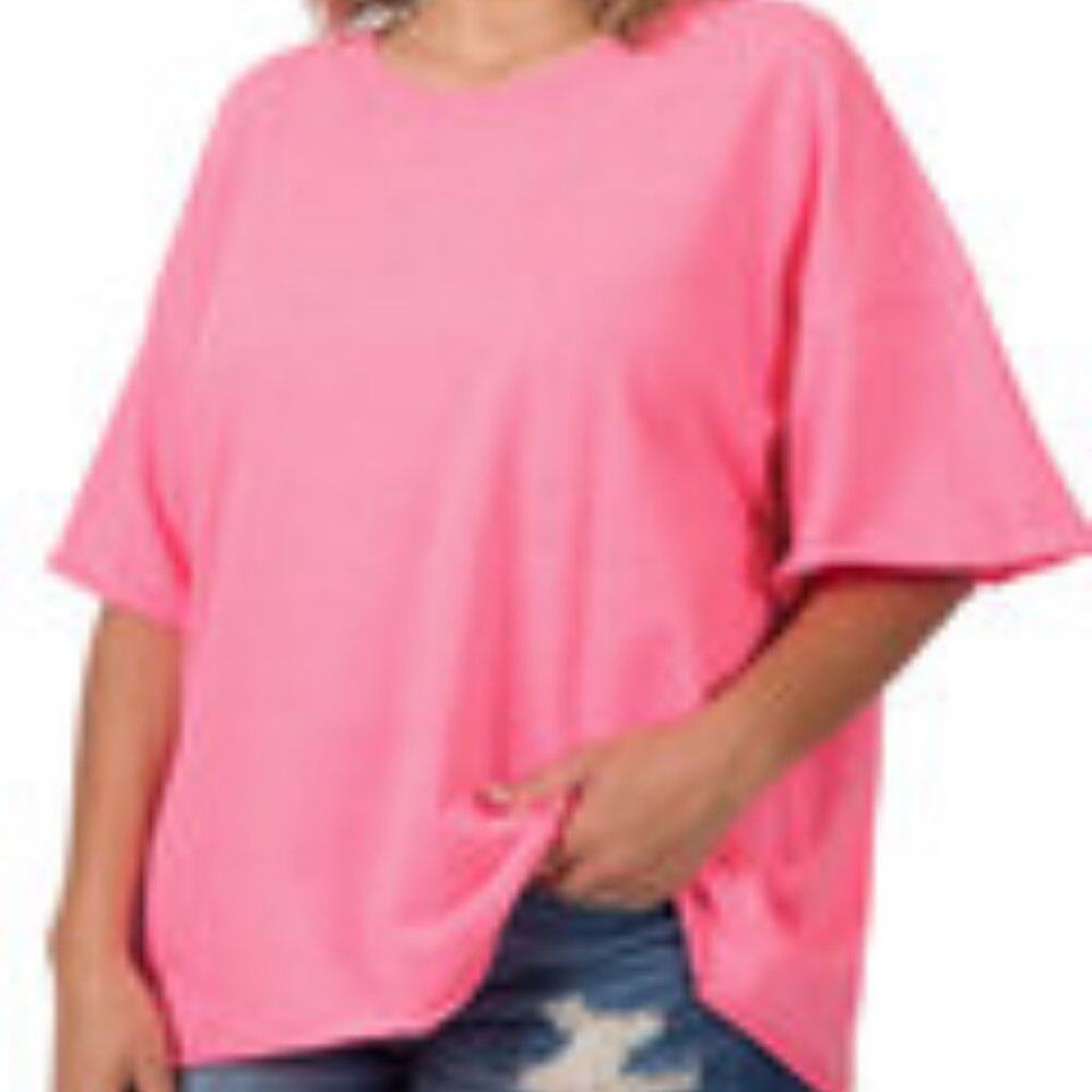 NEW ZENANA - PLUS FRENCH TERRY DROP SHOULDER RAW EDGE TOP - NEW IN BAG